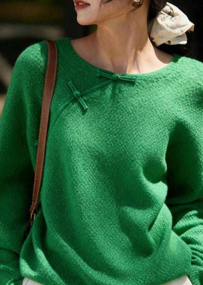 Chinese Style Green O-Neck Patchwork Cozy Solid Cotton Knit Sweater Spring