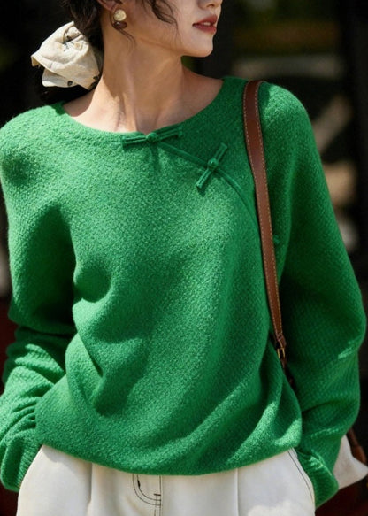 Chinese Style Green O-Neck Patchwork Cozy Solid Cotton Knit Sweater Spring