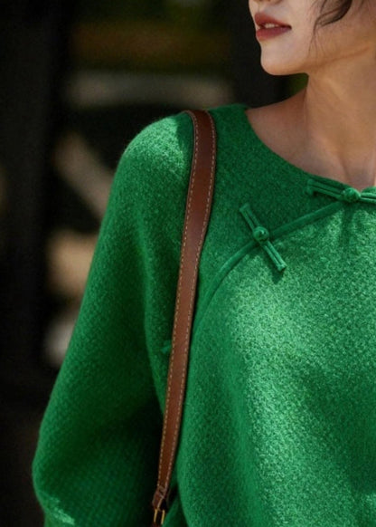 Chinese Style Green O-Neck Patchwork Cozy Solid Cotton Knit Sweater Spring