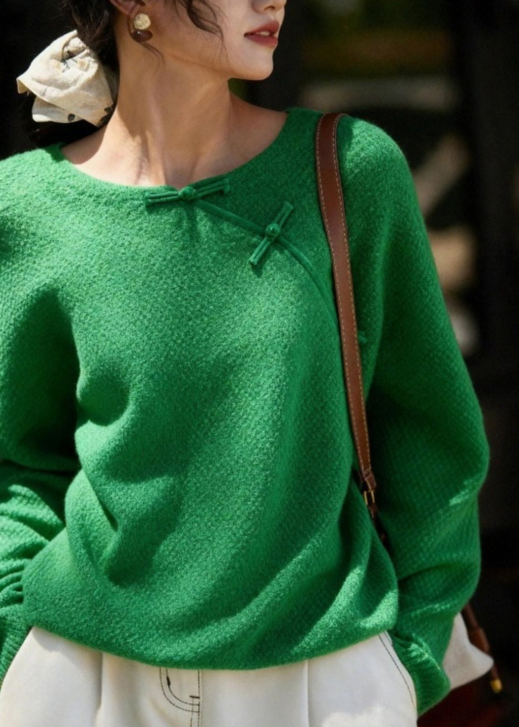 Chinese Style Green O-Neck Patchwork Cozy Solid Cotton Knit Sweater Spring