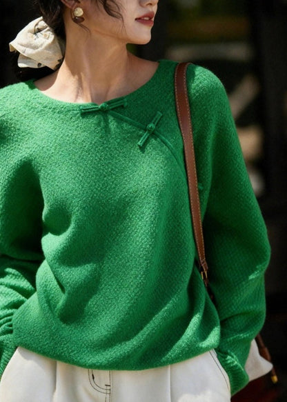 Chinese Style Green O-Neck Patchwork Cozy Solid Cotton Knit Sweater Spring