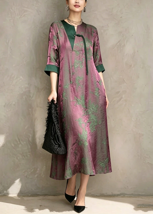 Chinese Style Green O-Neck Print Asymmetrical Long Dress Short Sleeve