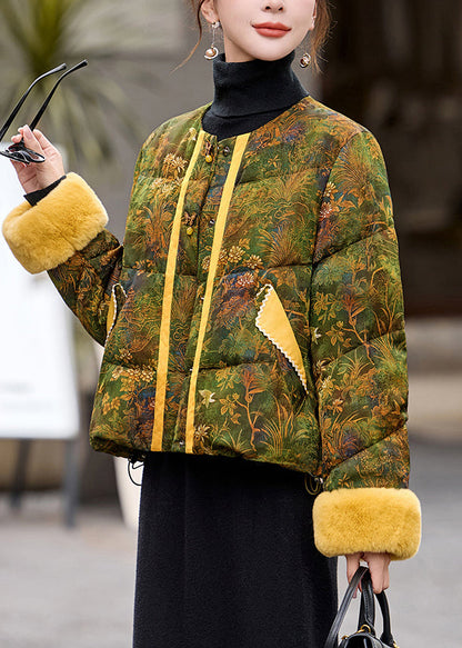 Chinese Style Green O Neck Print Duck Down Down Coat Winter