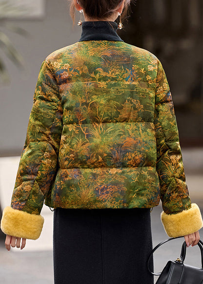 Chinese Style Green O Neck Print Duck Down Down Coat Winter