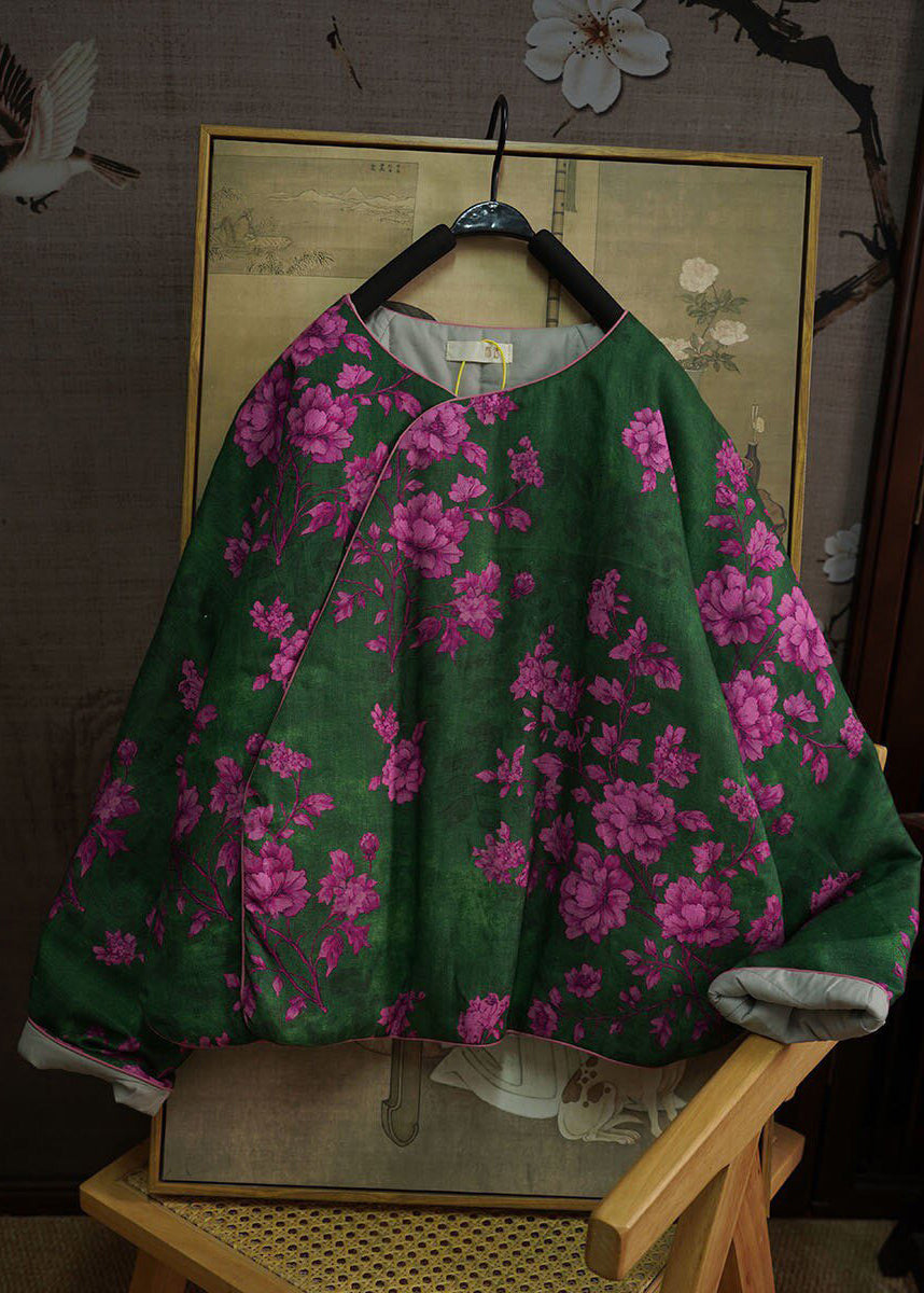 Chinese Style Green O Neck Print Fine Cotton Filled Witner Coat