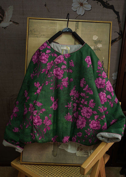 Chinese Style Green O Neck Print Fine Cotton Filled Witner Coat