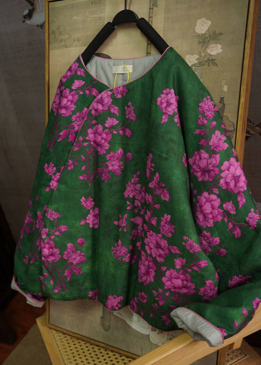 Chinese Style Green O Neck Print Fine Cotton Filled Witner Coat