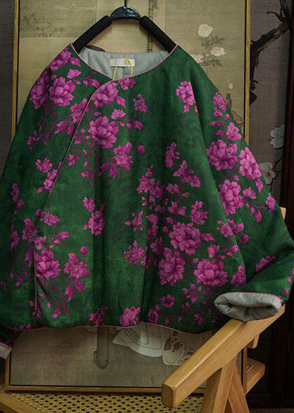 Chinese Style Green O Neck Print Fine Cotton Filled Witner Coat