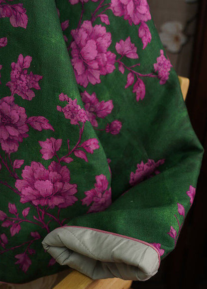 Chinese Style Green O Neck Print Fine Cotton Filled Witner Coat