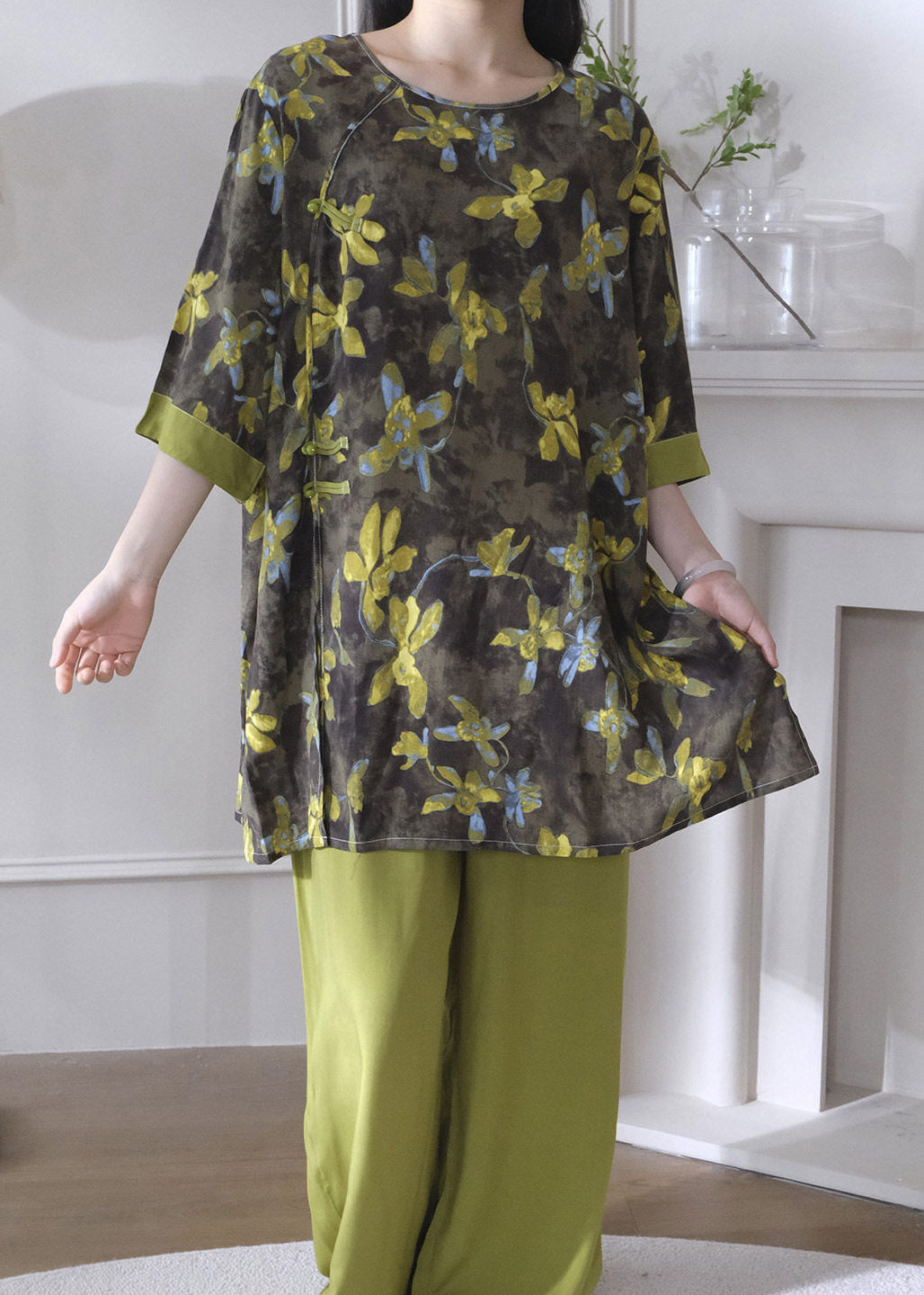 Chinese Style Green O-Neck Print Lingerie Set Short Sleeve
