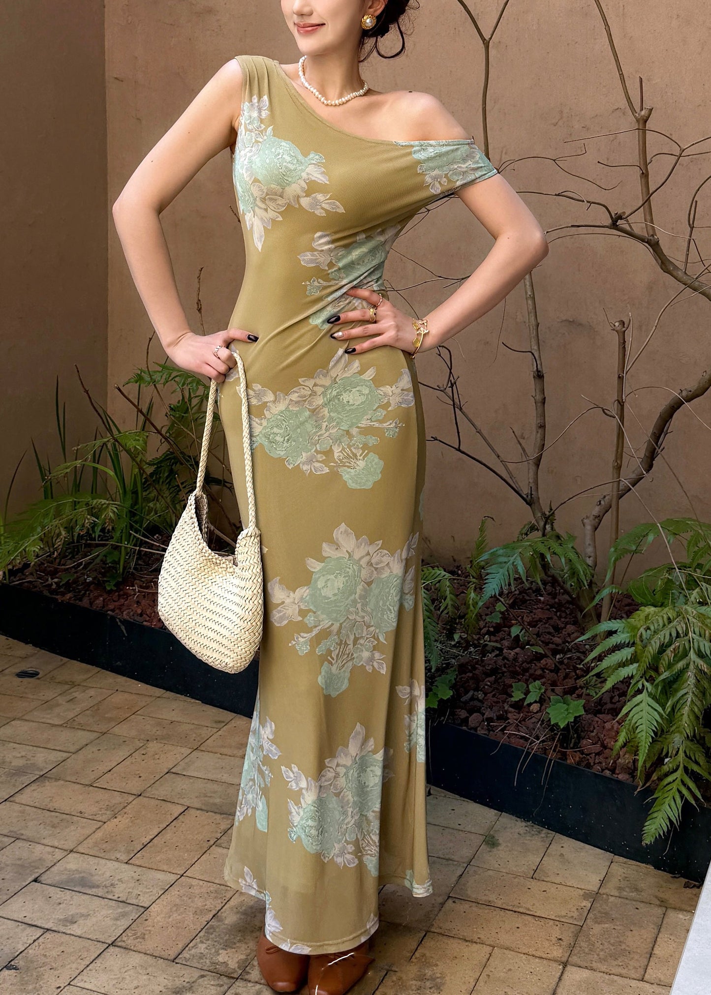 Chinese Style Green O-Neck Print Tulle Long Fish-Tail Dresses Summer