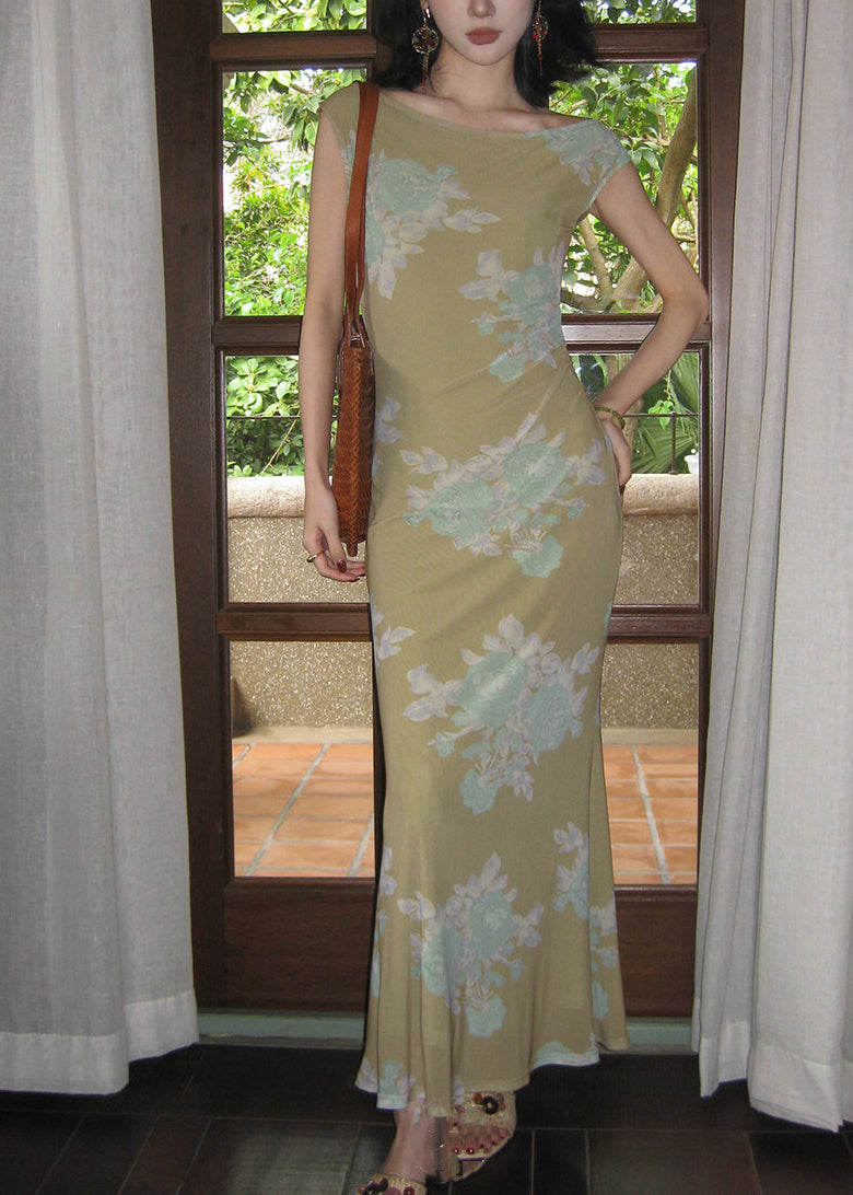 Chinese Style Green O-Neck Print Tulle Long Fish-Tail Dresses Summer