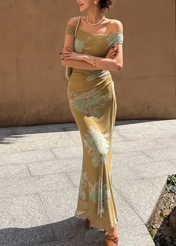 Chinese Style Green O-Neck Print Tulle Long Fish-Tail Dresses Summer