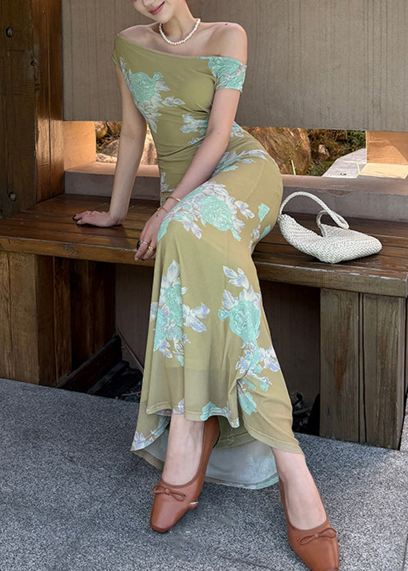 Chinese Style Green O-Neck Print Tulle Long Fish-Tail Dresses Summer