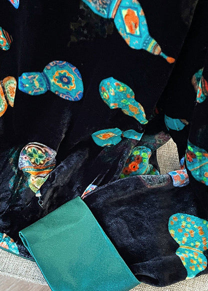 Chinese Style Green O Neck Print Velour Shirt Tops Spring
