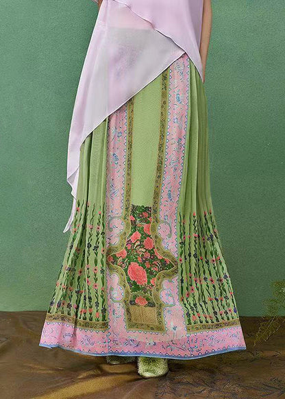 Chinese Style Green Pleated Print Modified Mamian Skirt Summer