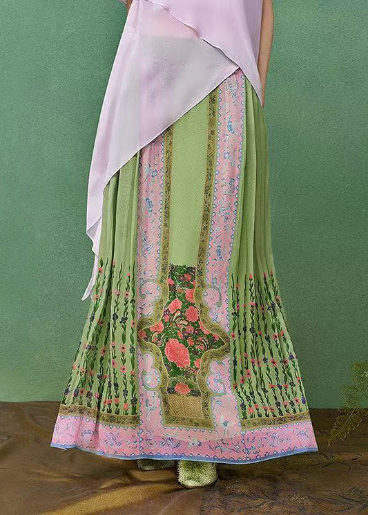 Chinese Style Green Pleated Print Modified Mamian Skirt Summer