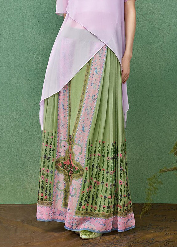 Chinese Style Green Pleated Print Modified Mamian Skirt Summer