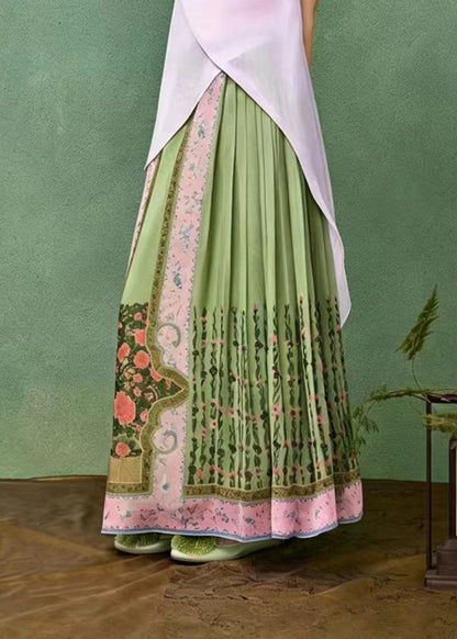 Chinese Style Green Pleated Print Modified Mamian Skirt Summer