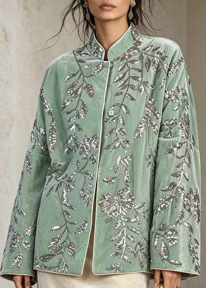 Chinese Style Green Sequins Embroidered Velvet Coat Fall