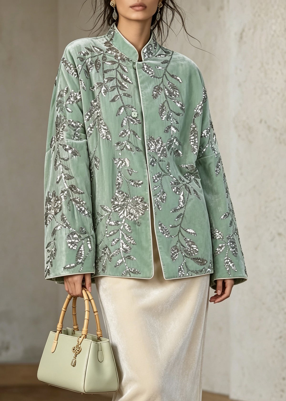 Chinese Style Green Sequins Embroidered Velvet Coat Fall