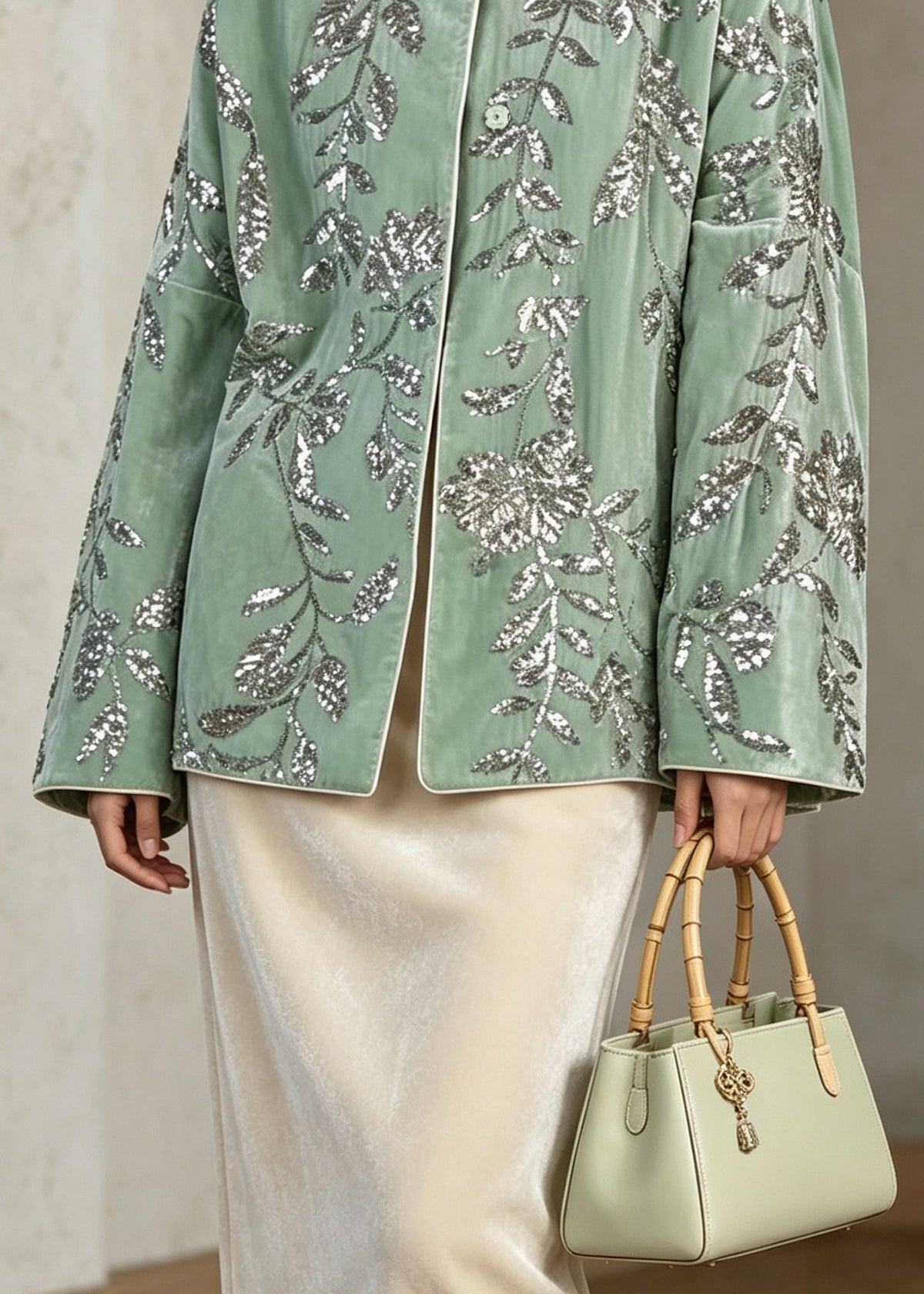 Chinese Style Green Sequins Embroidered Velvet Coat Fall