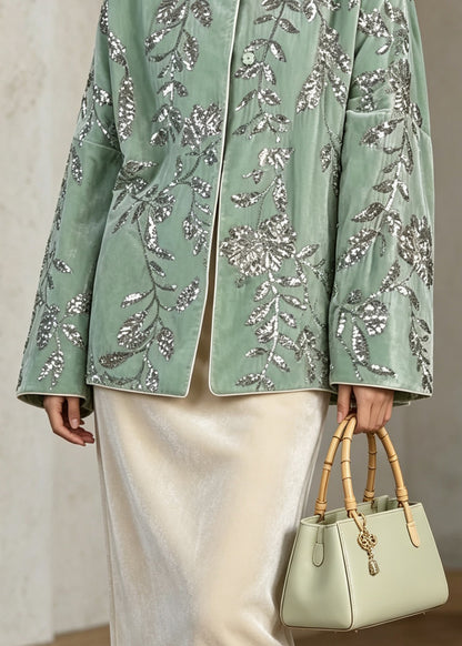 Chinese Style Green Sequins Embroidered Velvet Coat Fall