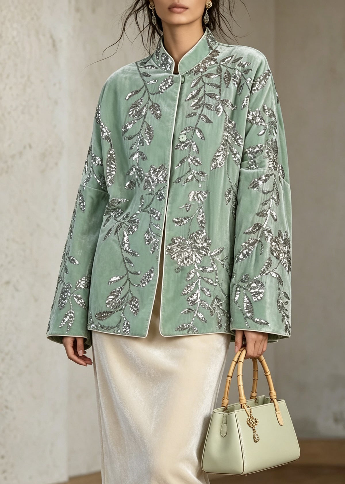 Chinese Style Green Sequins Embroidered Velvet Coat Fall