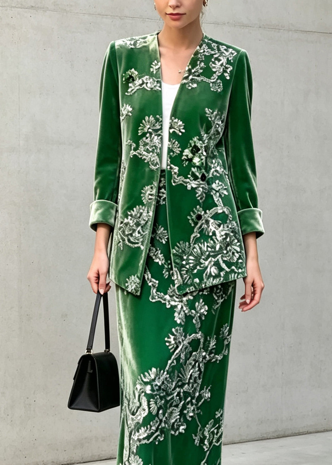 Chinese Style Green Sequins Velvet Top And Skirts Two Pieces Set Fall