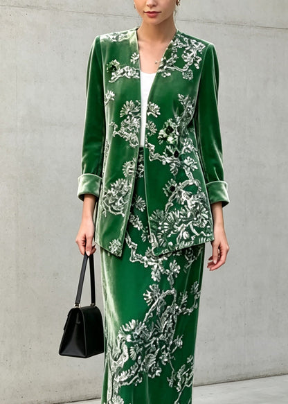 Chinese Style Green Sequins Velvet Top And Skirts Two Pieces Set Fall