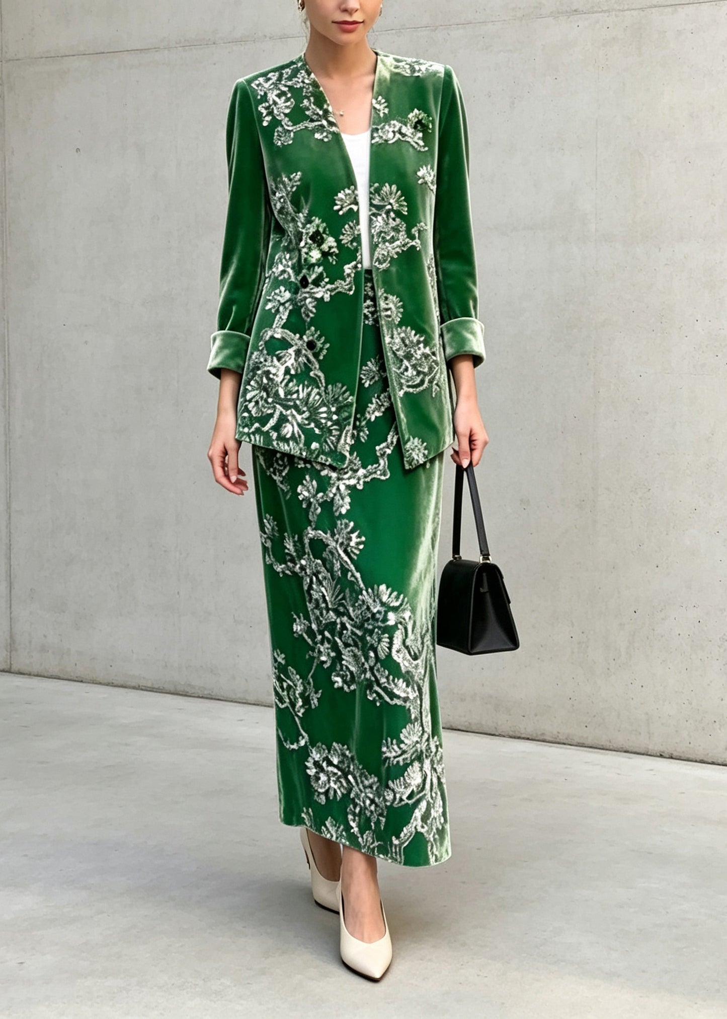 Chinese Style Green Sequins Velvet Top And Skirts Two Pieces Set Fall