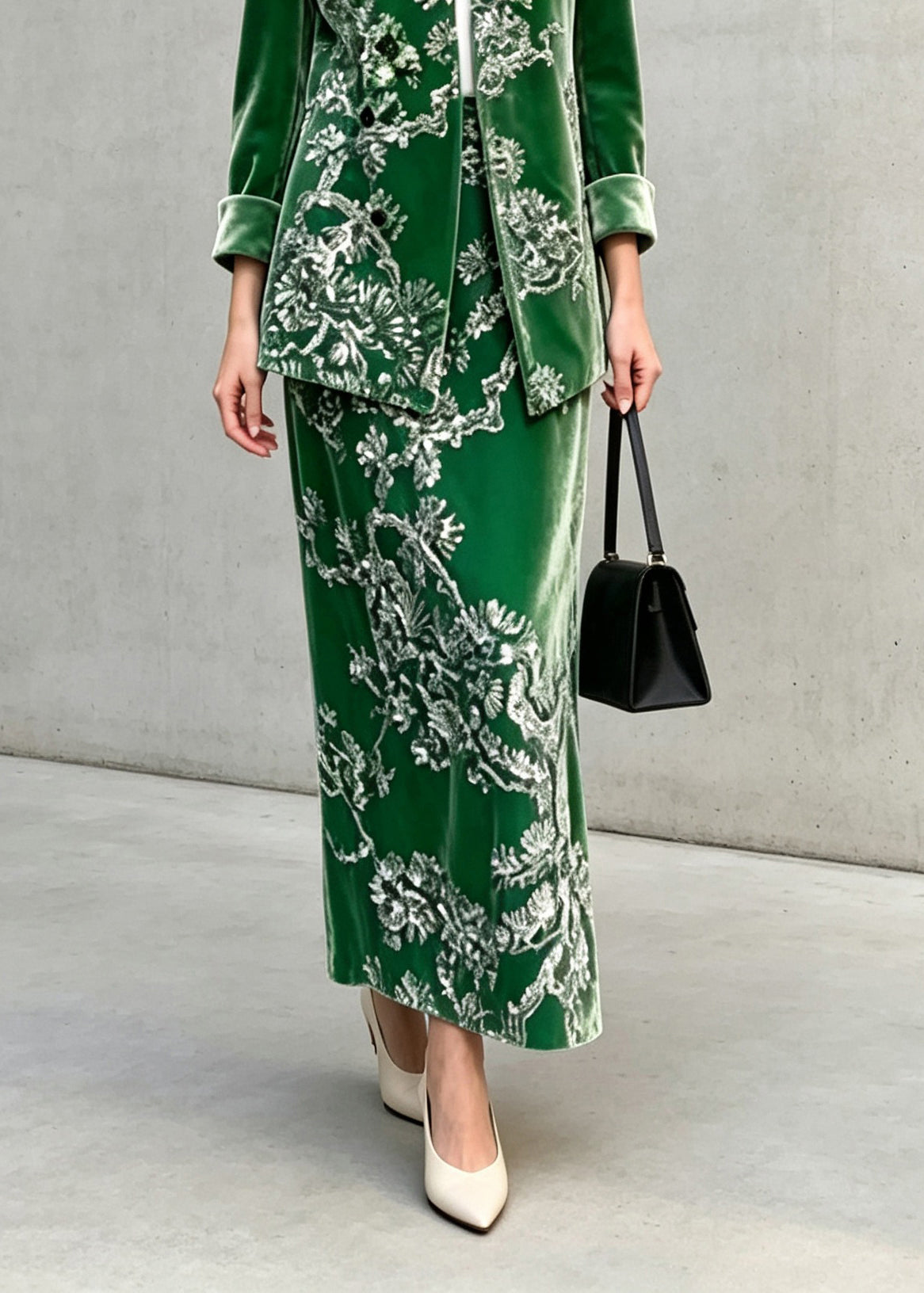 Chinese Style Green Sequins Velvet Top And Skirts Two Pieces Set Fall