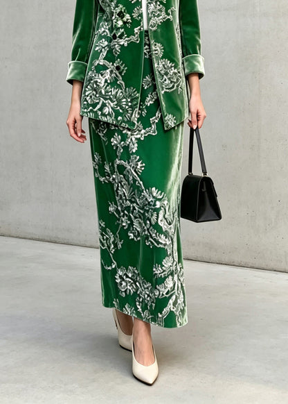 Chinese Style Green Sequins Velvet Top And Skirts Two Pieces Set Fall