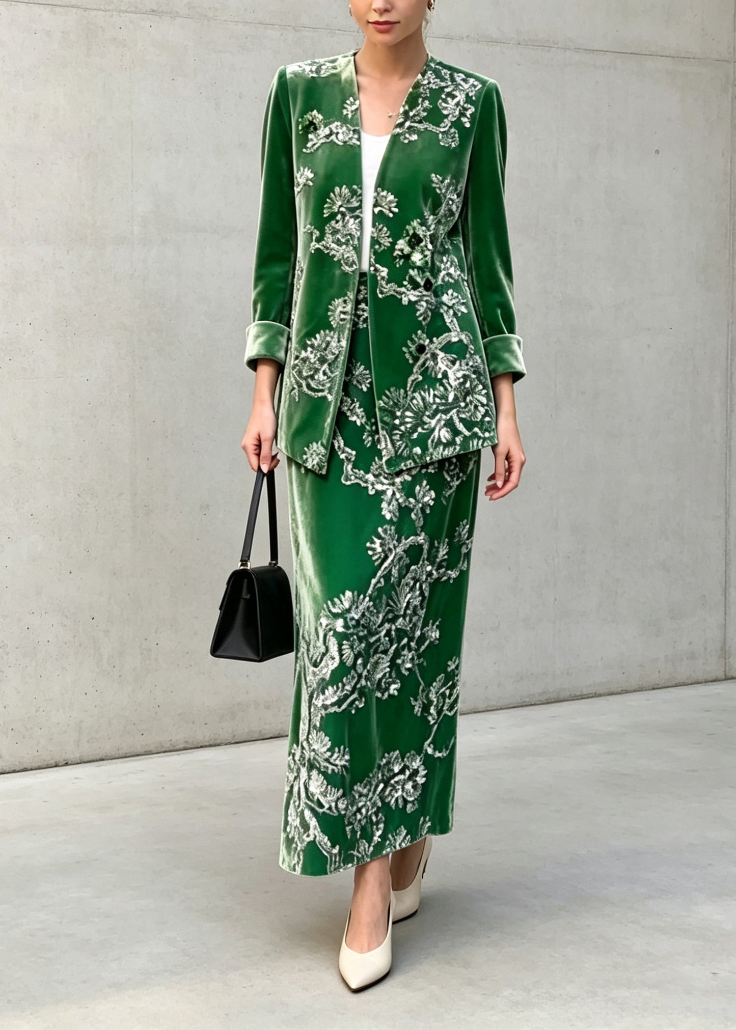 Chinese Style Green Sequins Velvet Top And Skirts Two Pieces Set Fall
