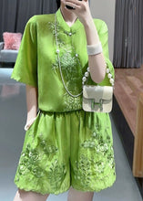 Load image into Gallery viewer, Chinese Style Green Stand Collar Embroidered Floral Shirts And Shorts Two Piece Set Short Sleeve