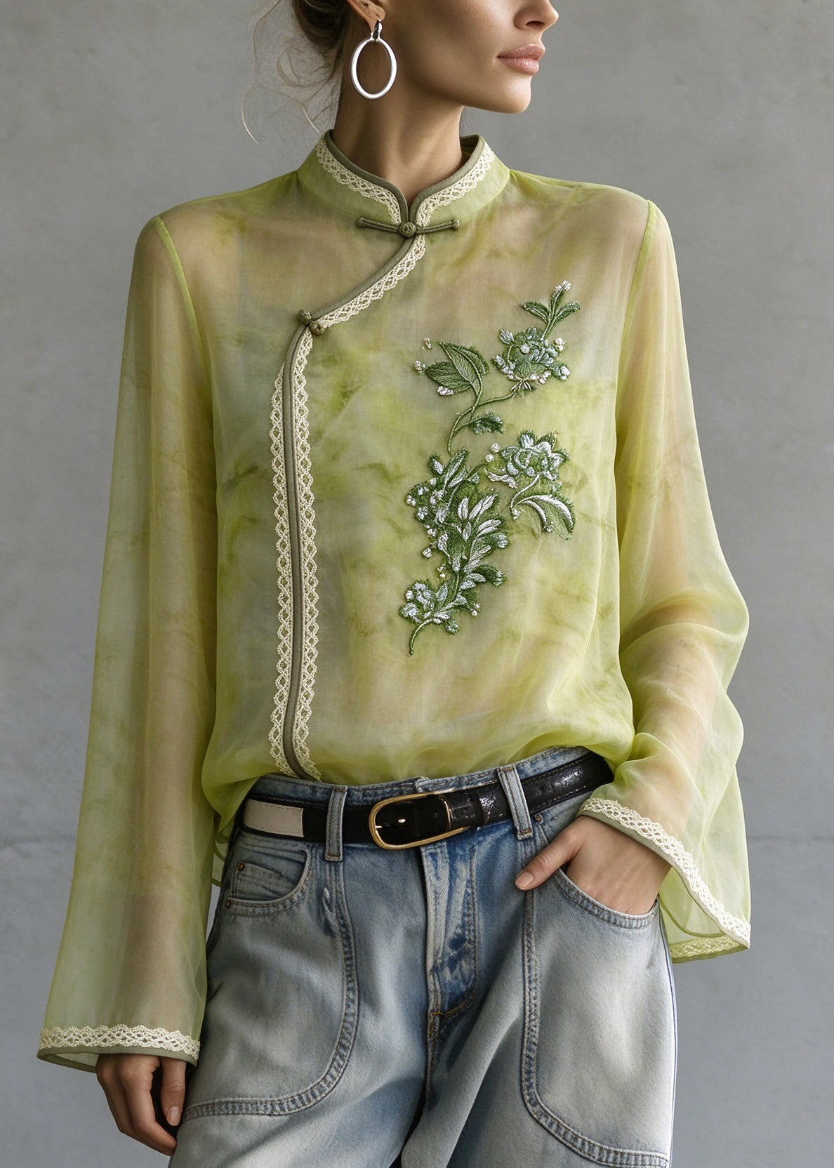 Chinese Style Green Stand Collar Embroidered Patchwork Silk Shirts Fall