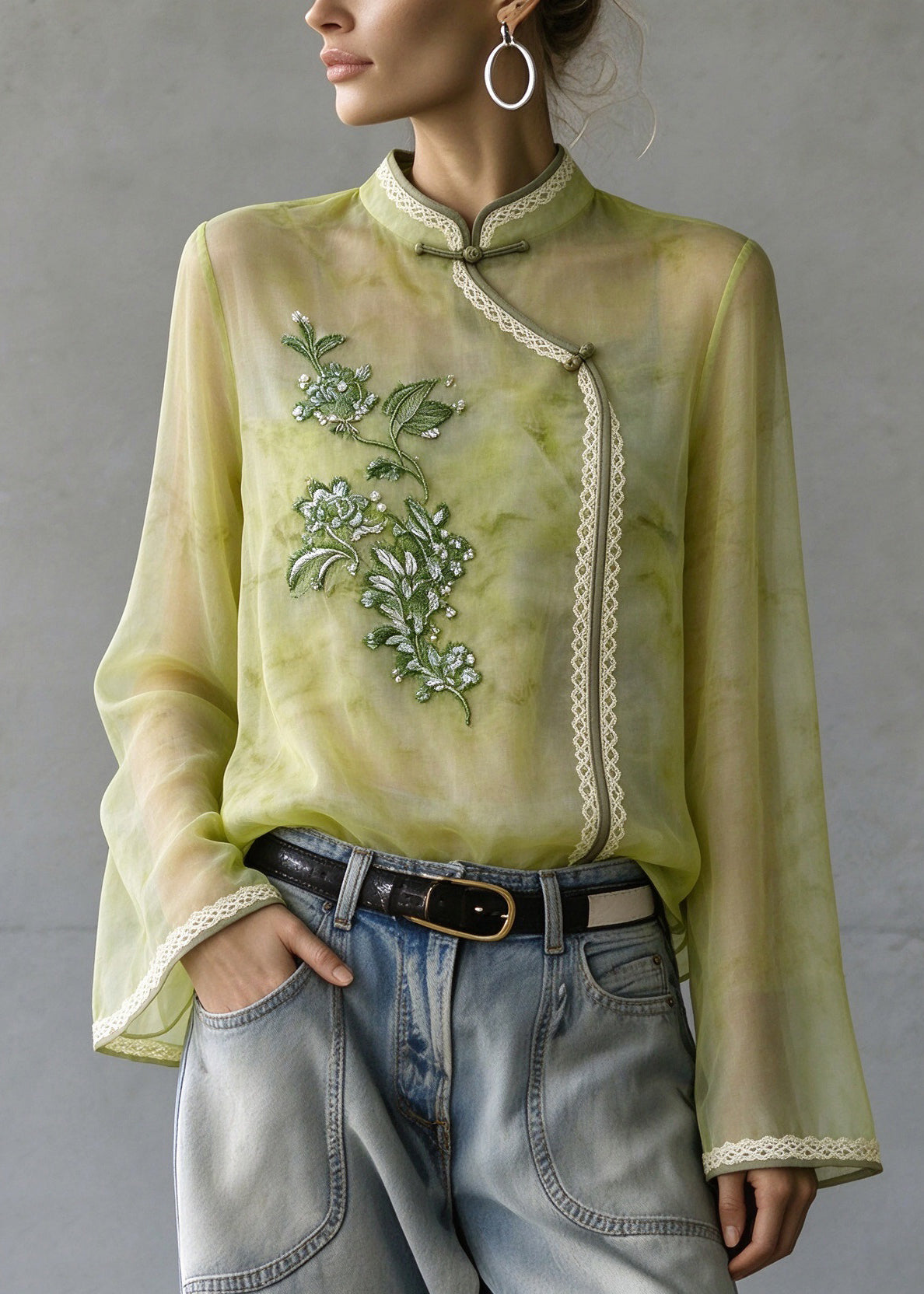 Chinese Style Green Stand Collar Embroidered Patchwork Silk Shirts Fall