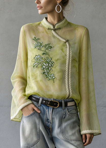 Chinese Style Green Stand Collar Embroidered Patchwork Silk Shirts Fall