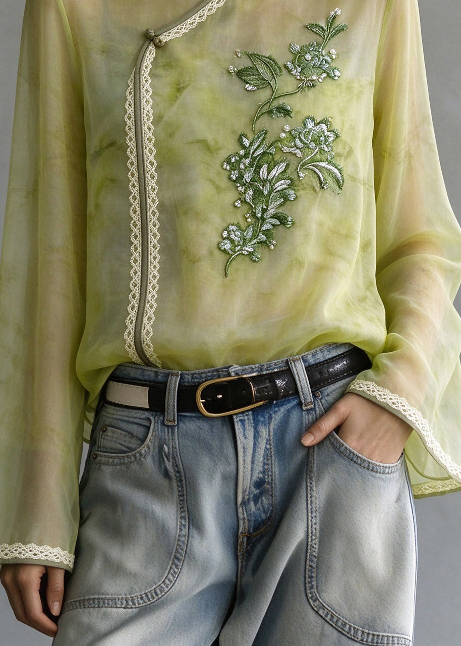 Chinese Style Green Stand Collar Embroidered Patchwork Silk Shirts Fall