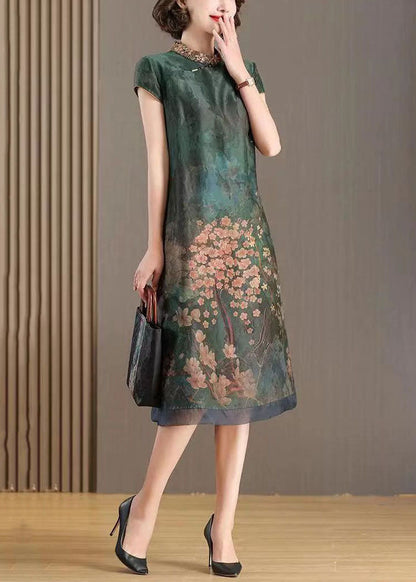 Chinese Style Green Stand Collar Embroideried Patchwork Silk Dresses Summer