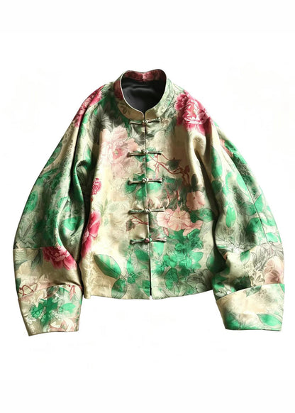 Chinese Style Green Stand Collar Frog Buttons Jackets Long Sleeve