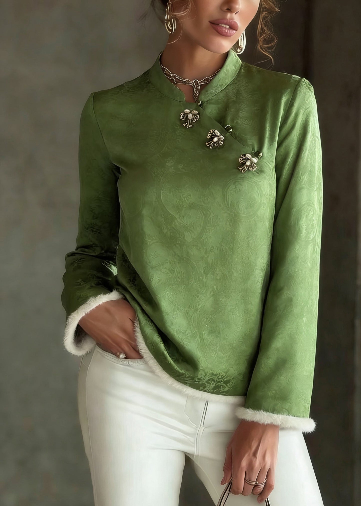 Chinese Style Green Stand Collar Patchwork Button Thick Silk Cotton Top Spring