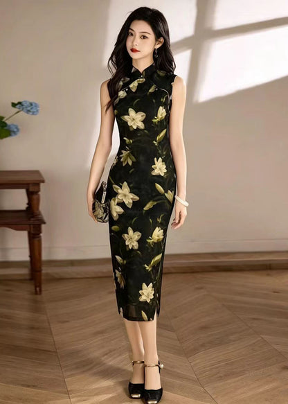 Chinese Style Green Stand Collar Print Side Open Dresses Sleeveless