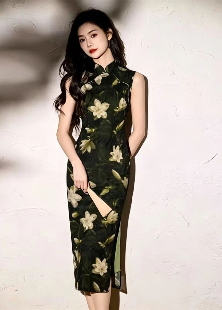 Chinese Style Green Stand Collar Print Side Open Dresses Sleeveless