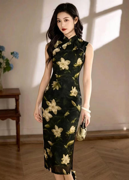 Chinese Style Green Stand Collar Print Side Open Dresses Sleeveless