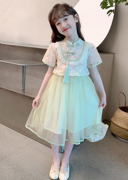 Chinese Style Green Stand Collar Tassel Fake Two Pieces Tulle Girls Maxi Dresses Summer