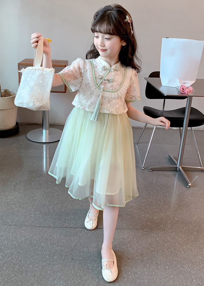 Chinese Style Green Stand Collar Tassel Fake Two Pieces Tulle Girls Maxi Dresses Summer