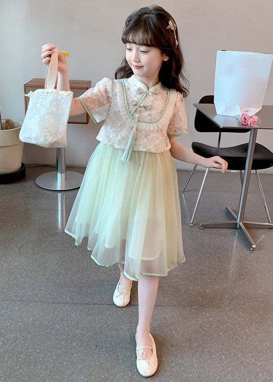 Chinese Style Green Stand Collar Tassel Fake Two Pieces Tulle Girls Maxi Dresses Summer