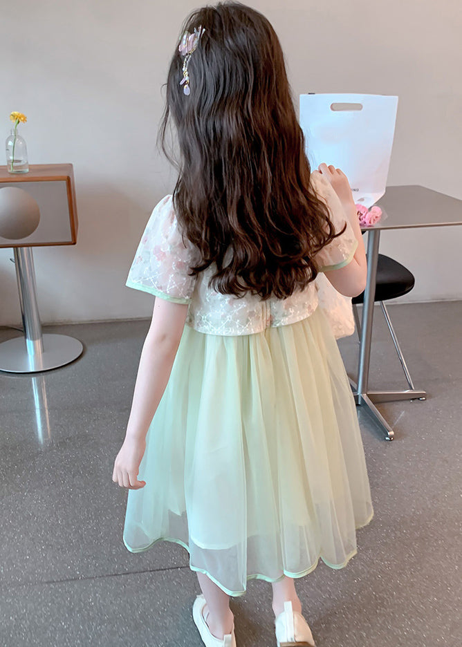 Chinese Style Green Stand Collar Tassel Fake Two Pieces Tulle Girls Maxi Dresses Summer