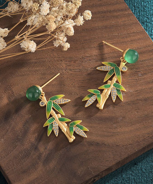 Chinese Style Green Sterling Silver Overgild Chalcedony Bamboo Leaves Drop Earrings